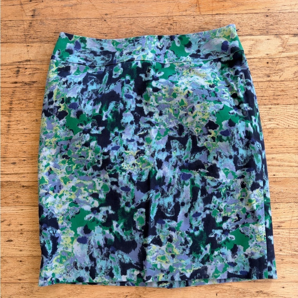 Halogen pencil skirt satin lined side zip watercolor print blue green monet